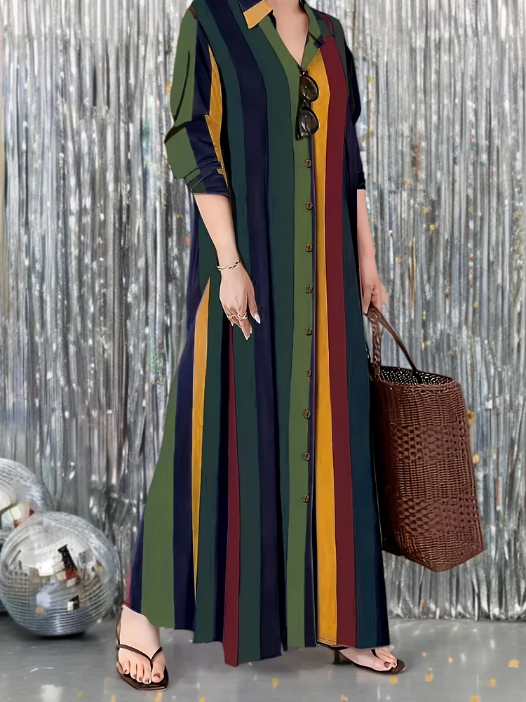 Elegant Colorful Striped Button-Up Maxi Dress For Women - Polyester, Machine Washable, Non-Stretch Fabric