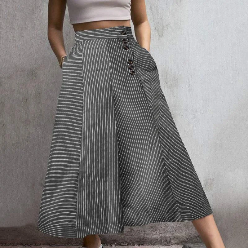 Jangj Casual Striped Pants Celmia Women 2022 High Waist Loose Wide Leg Trousers Autumn Office Pockets Buttons Pantalon Femme 