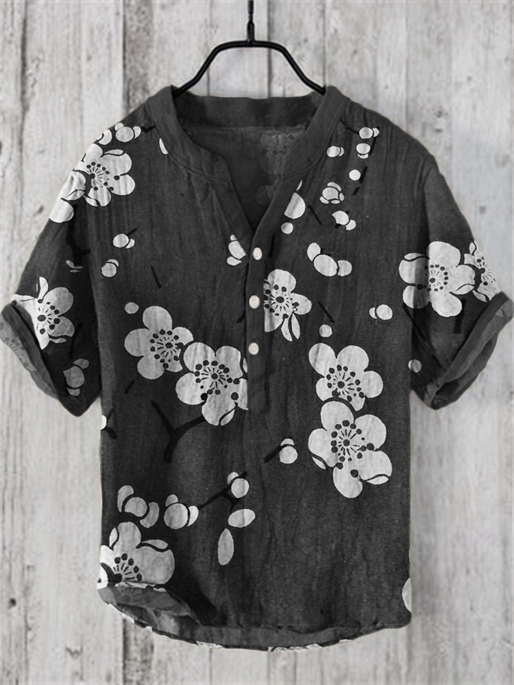 menweary Plum Blossom Japanese Art Linen Blend Shirt