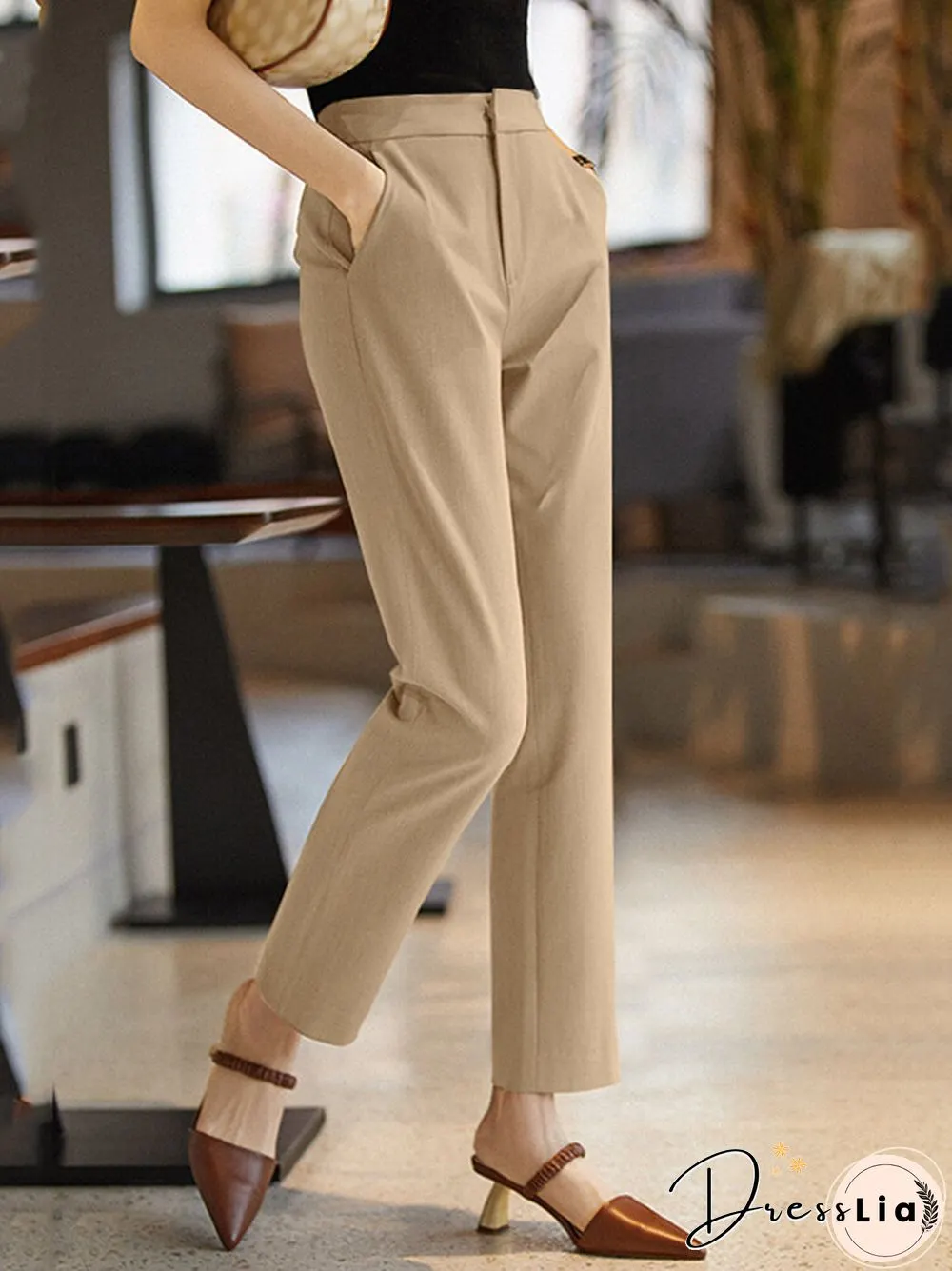Solid Pocket Tailored Pants For Women