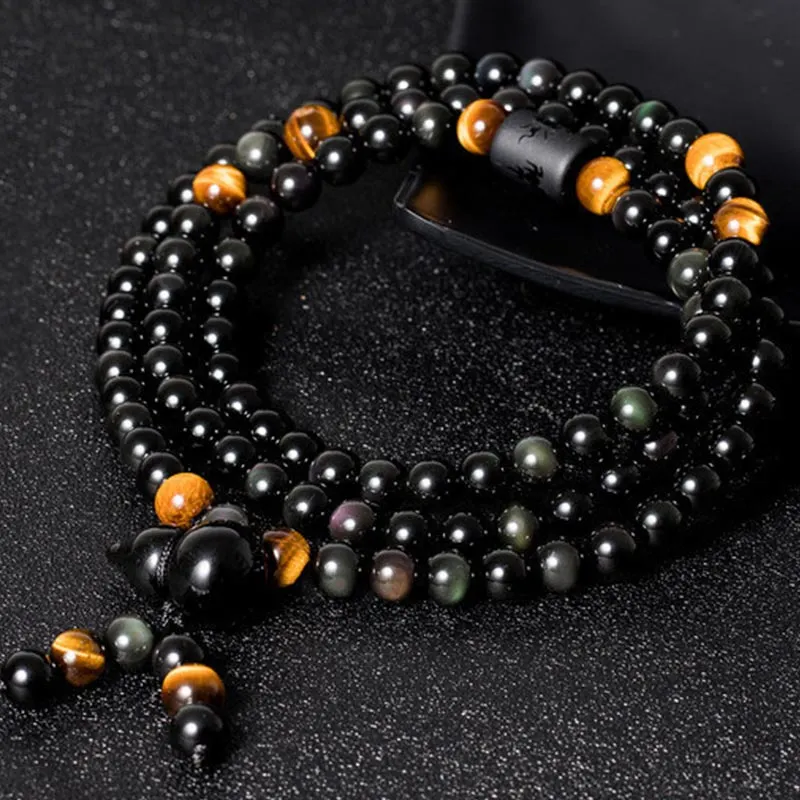 Natural Black Obsidian Rainbow Obsidian Gourd Blessing Bracelet Necklace Mala