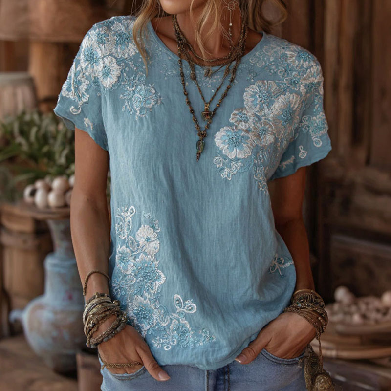 Comstylish Women's Floral Embroidery Cotton Linen Casual Round Neck T-shirt