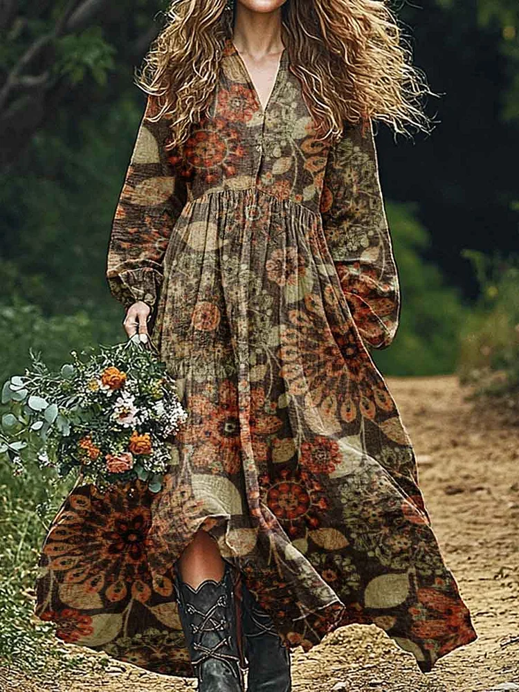 Womens Vintage Art  Floral Pattern Cotton And Linen Dress