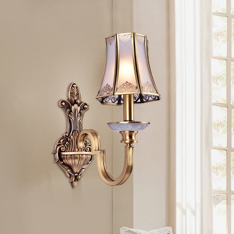 1/2 Heads Wall Lighting Fixture Colonial Style Flared Translucent Glass Wall Mounted Lamp in Brass