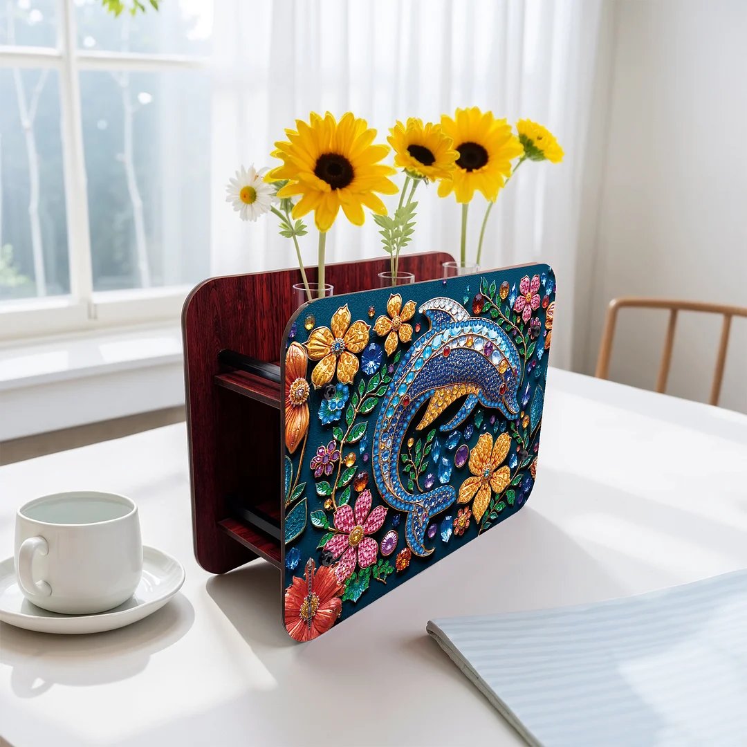 Dolphin DIY Flower Vase Wooden Double Sided Desktop Diamond Art Kit Home Decor