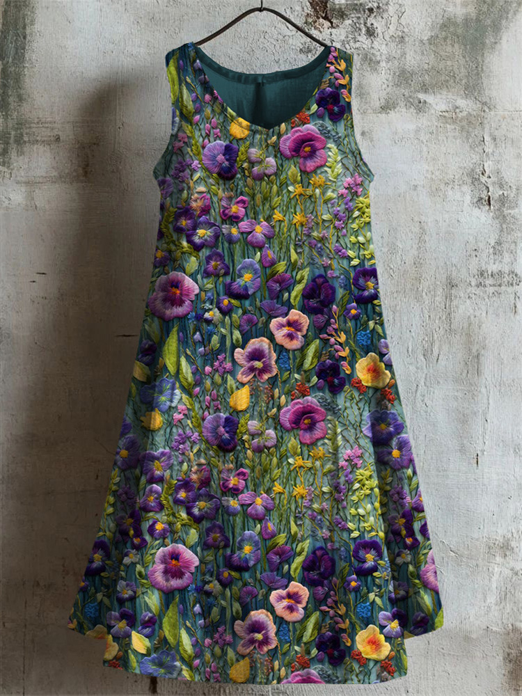 Comstylish Elegant Violet Wildflower Embroidered Linen Midi Dress