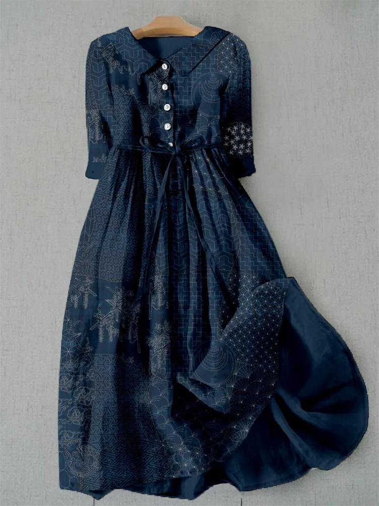 Japanese Traditional Sashiko Art Lace-up Casual Maxi Dress
