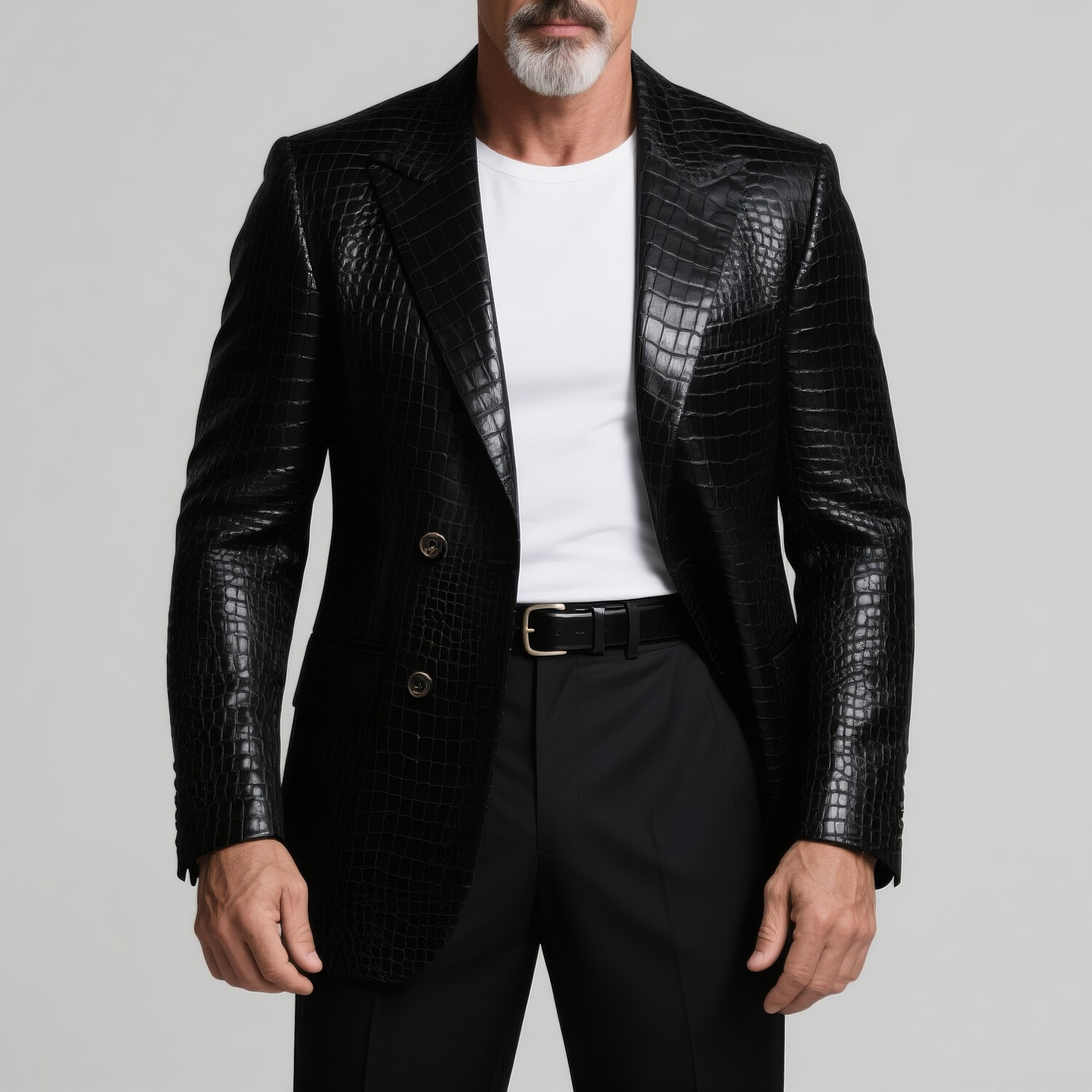 Men's Crocodile Pattern PU Leather Peaked Lapel Long Sleeve Button Blazer