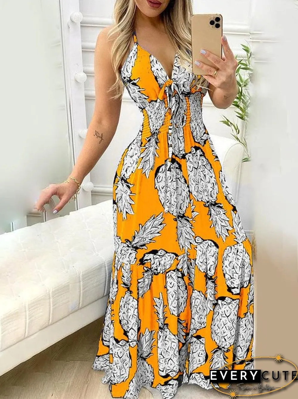Women'S Dresses Pineapple Print Sling Open Back Maxi Dress