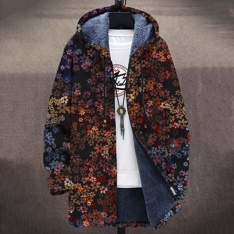 Japanese Flower Art Print Zip Comfort Plush Hooded Coat