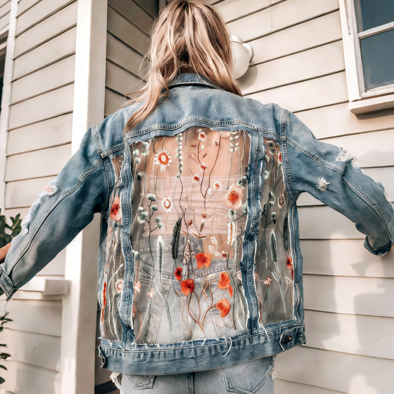 Floral Embroidered Denim Jacket With Sheer Back Detail