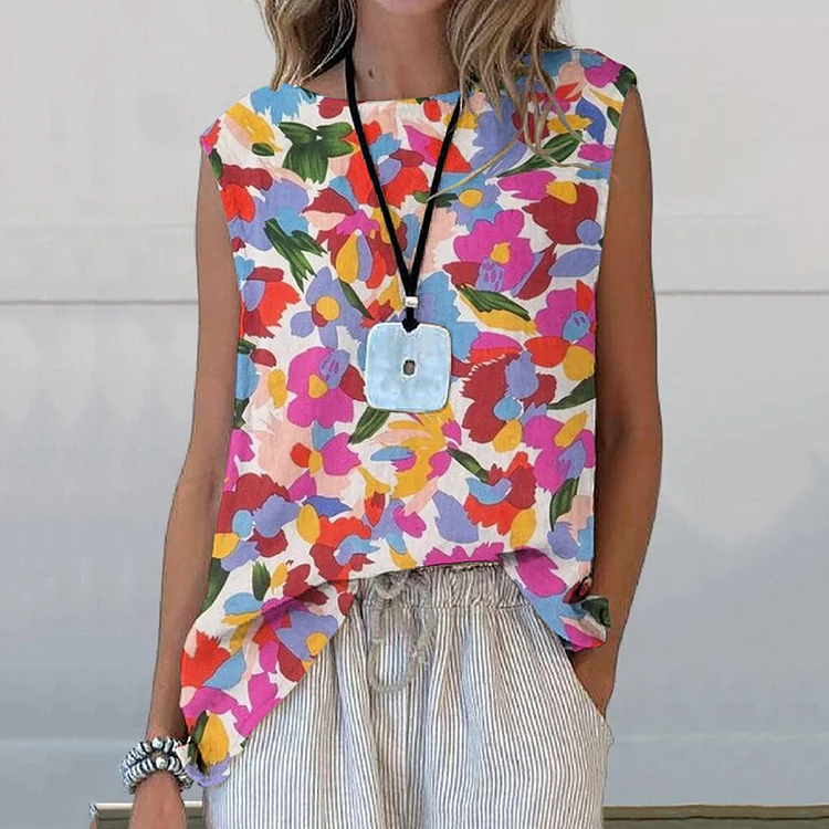 Abstract Floral Print Crew Neck Sleeveless Tank Top