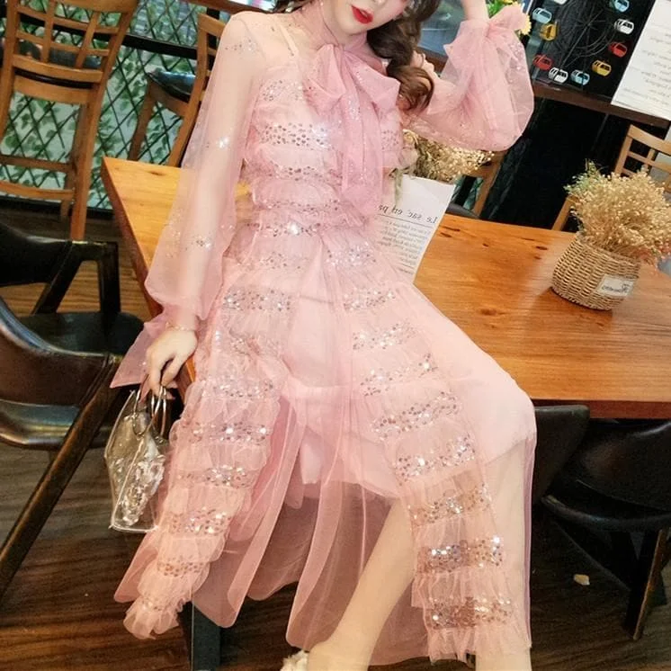 White/Pink Elegant Paillette Lace Dress SP13368