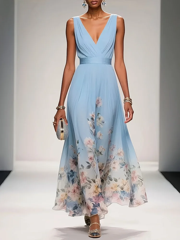 Fashion Elegant Floral Print Long Dress Elegant Gowns Evening Dresse
