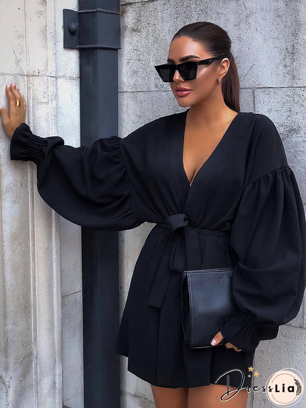 Bubble Long Sleeves V-Neck Mini Dress