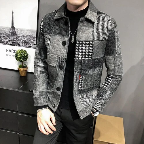 2023 Autumn and Winter Fashion New Men's Casual Lapel Hoodless Jacket / Male Slim Plaid Woolen Coat