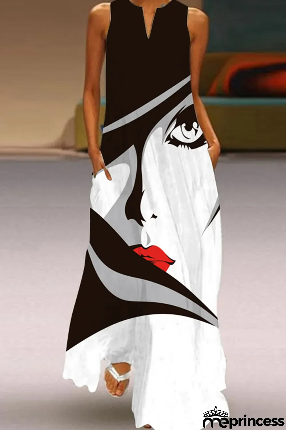 White Casual Print Patchwork V Neck Straight Dresses