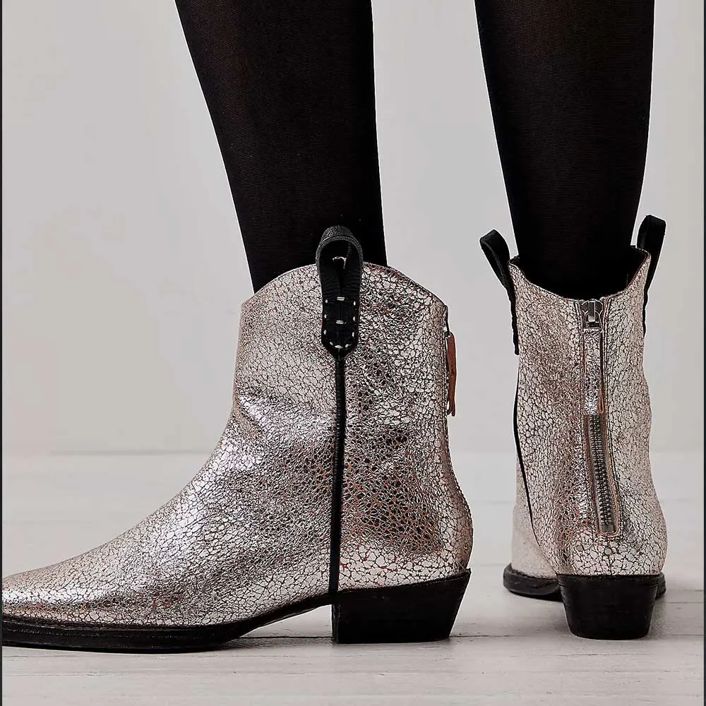 Silver Metallic Closed Pointed Toe Back Zipper Cowboy Boots for Women