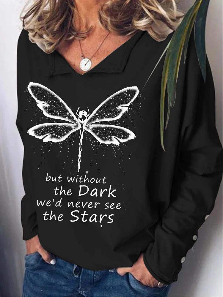 Women Dragonfly Dark Stars Letters Shawl Collar Regular Fit Sweatshirts