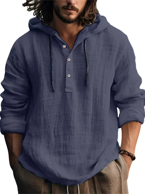 Men's Three Buttons Long Sleeve Cotton Linen Casual Hooded Shirt