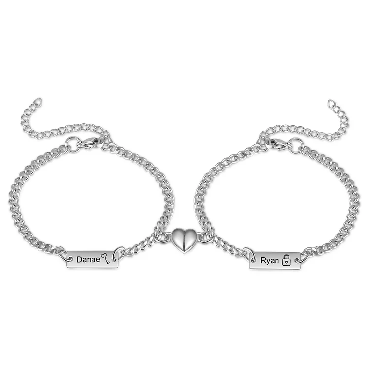 Personalisierte 2 Namen Paar Schlüssel & Schloss Magnet Kubanische Armbänder Set 