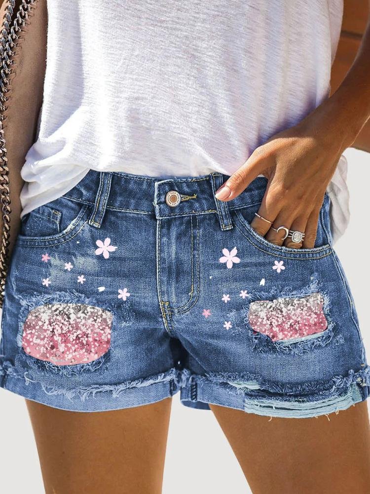 Ombre Grey Pink Cherry Blossom Ripped Denim Shorts