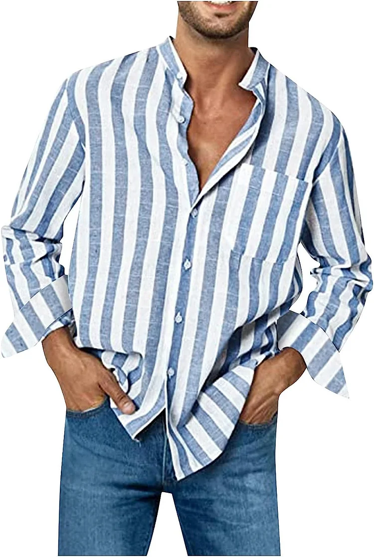 Men's Fashion Casual Pocket Striped Button Long Sleeve Shirts