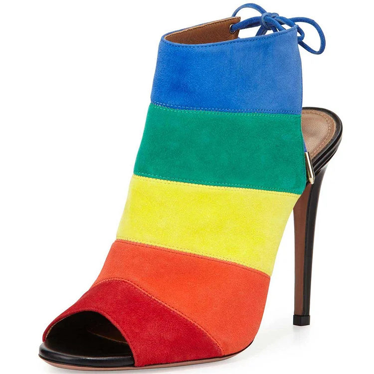 Rainbow Color Block Back Laced Stiletto Heel Peep Toe Booties |FSJ Shoes