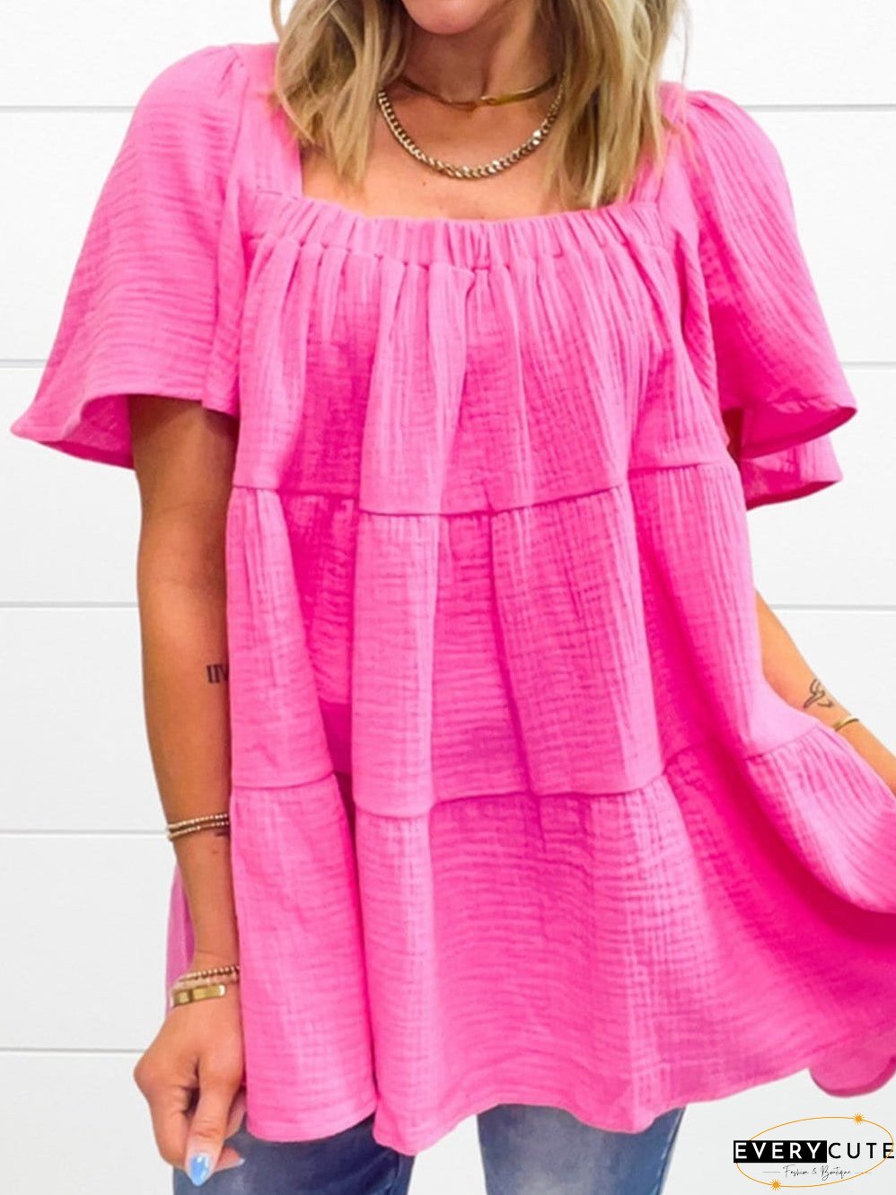 Bold Pink Ruched Square Neck Flutter Sleeve Cotton Blouse
