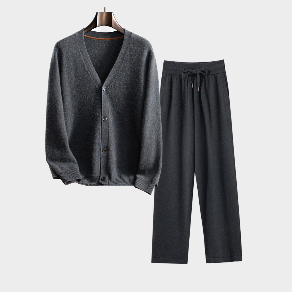 Men's Grey Cardigan Cashmere Sweater and Pants Set | Casual Outfit REAL SILK LIFE
