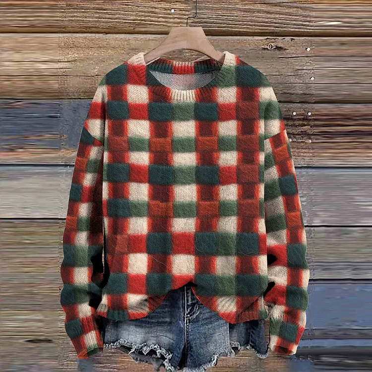 Comstylish Christmas Plaid Art Print Knit Pullover Sweater