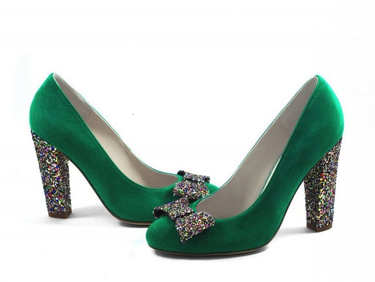 Women's Green Suede Colorful Glitter Bow Chunky Heels Pumps |FSJ Shoes