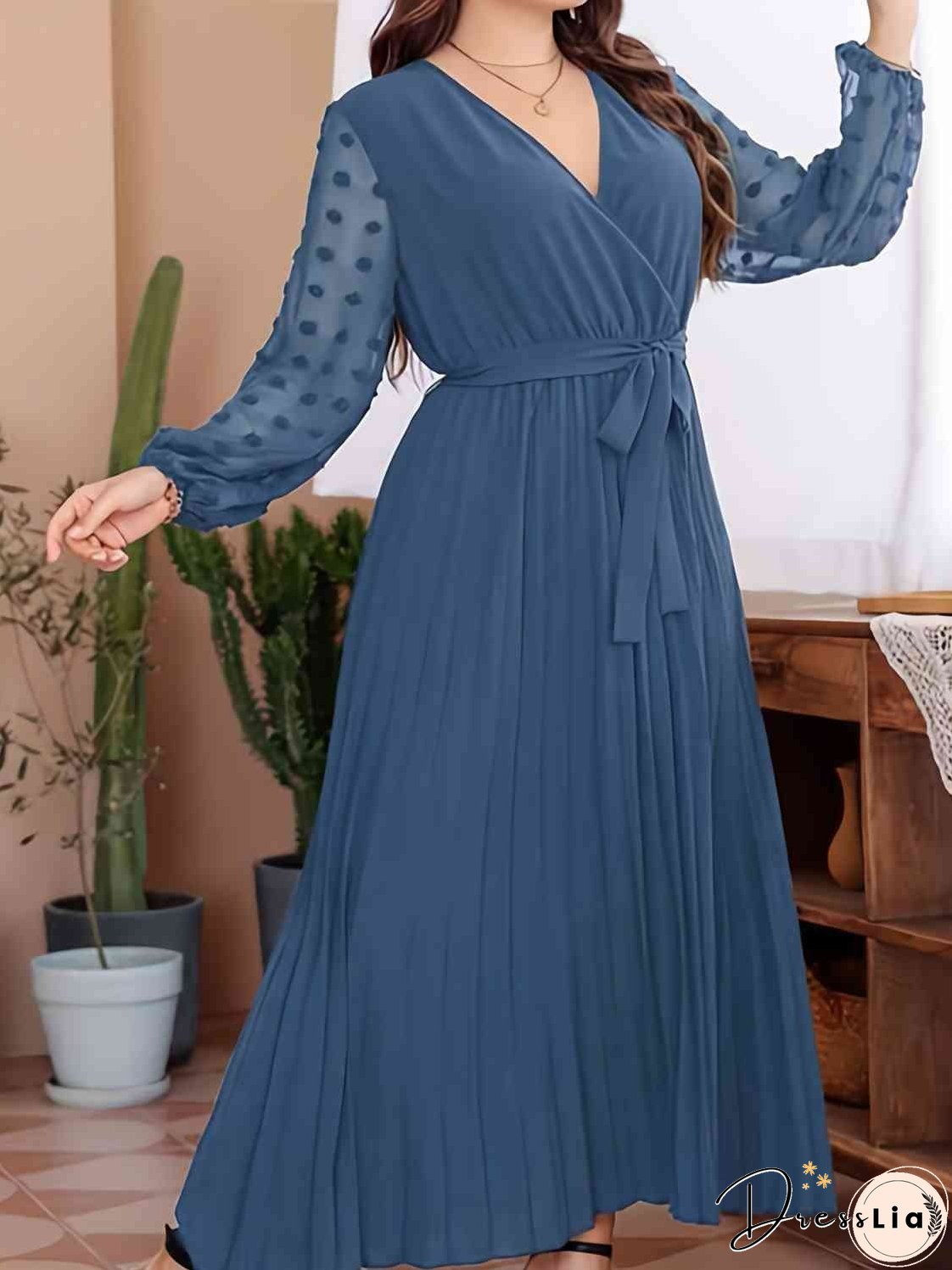 Plus Size Swiss Dot Tie Waist Maxi Dress