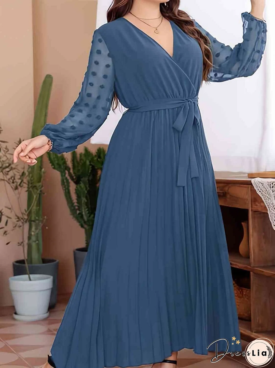 Plus Size Swiss Dot Tie Waist Maxi Dress