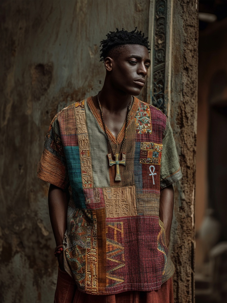 Men's Vintage Egyptian Tribe Inspired Patchwork Linen Shirt