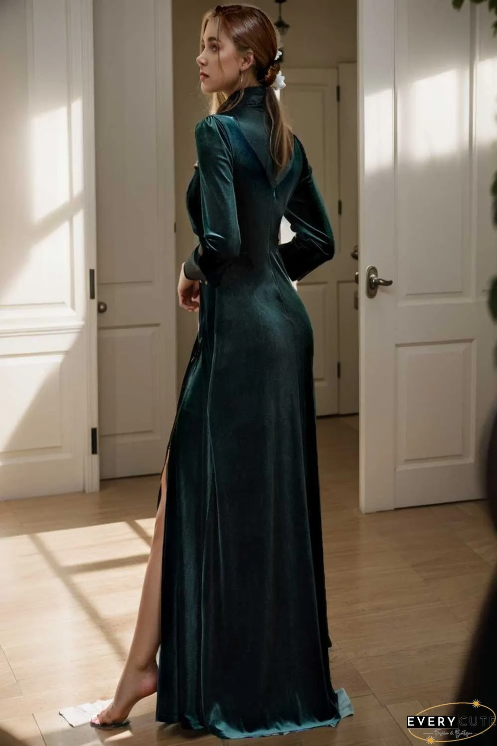 velvet 3 4 length sleeve illusion v neck front slit evening dress