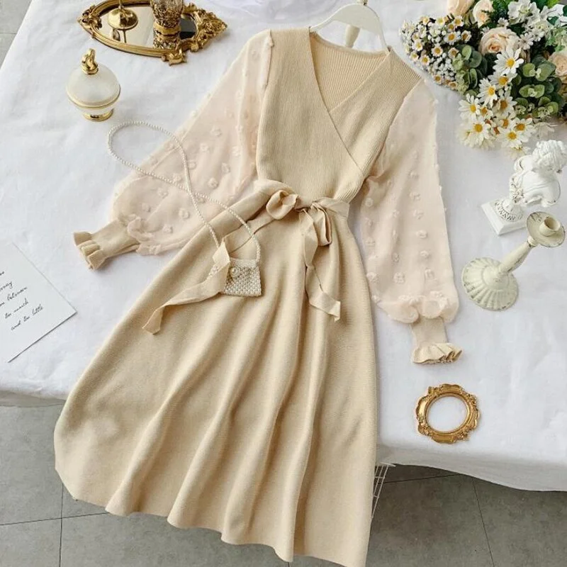 Romantic Women Knitted Pink Party Dress 2020 Fall Winter V Neck Elegant Chiffon Long Sleeve Sashes Dress Ladies Dress