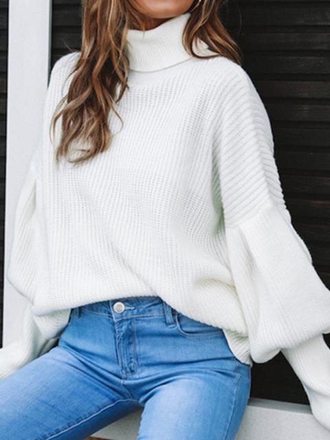 Solid Color Lantern Sleeve Turtleneck Sweater - Shop Trendy Women's Clothing | LoverChic
