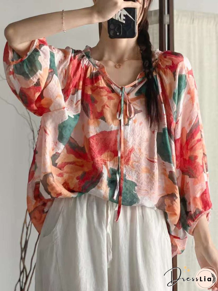 Women Summer Artsy Floral Drawstring Lacework Loose Shirt