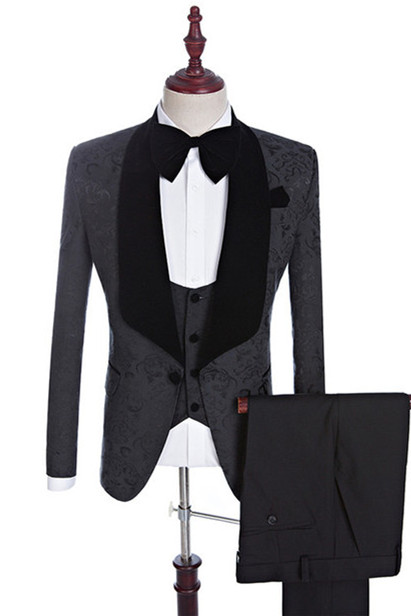 Bellasprom Black Jacquard Three-Pieces Shawl Lapel Wedding Suits for Men Bellasprom