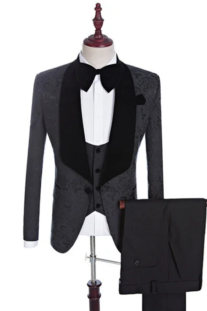 Xander Black Jacquard Three-Pieces Shawl Lapel Wedding Suits For Men's Party