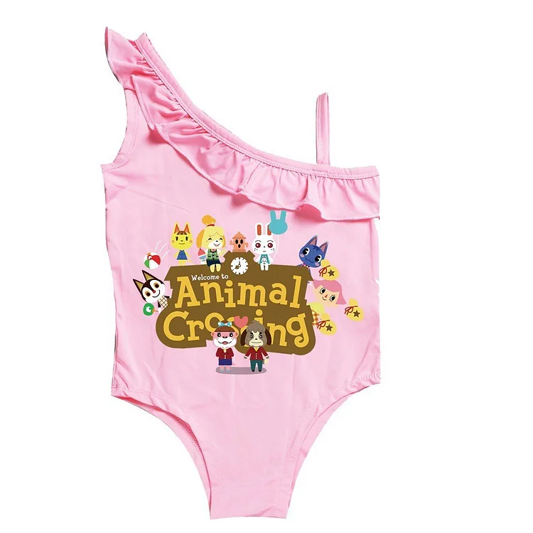 Mayoulove Girls Cute Animal Crossing Print One Piece Ruffle Shoulder Swimsuit-Mayoulove