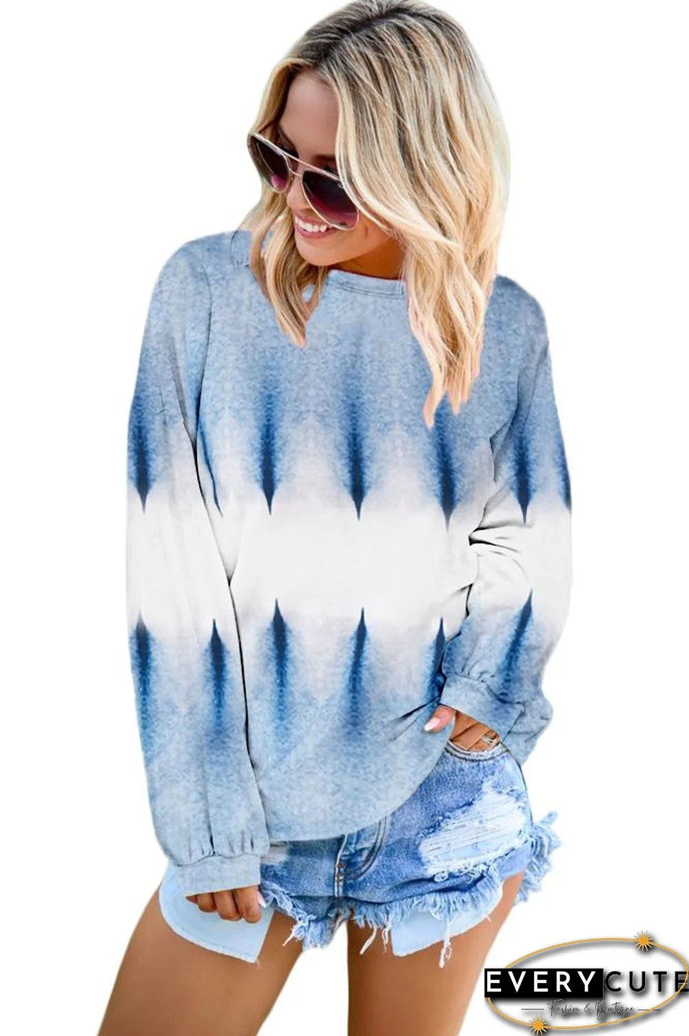 Sky Blue Color Block Tie Dye Pullover Sweatshirt