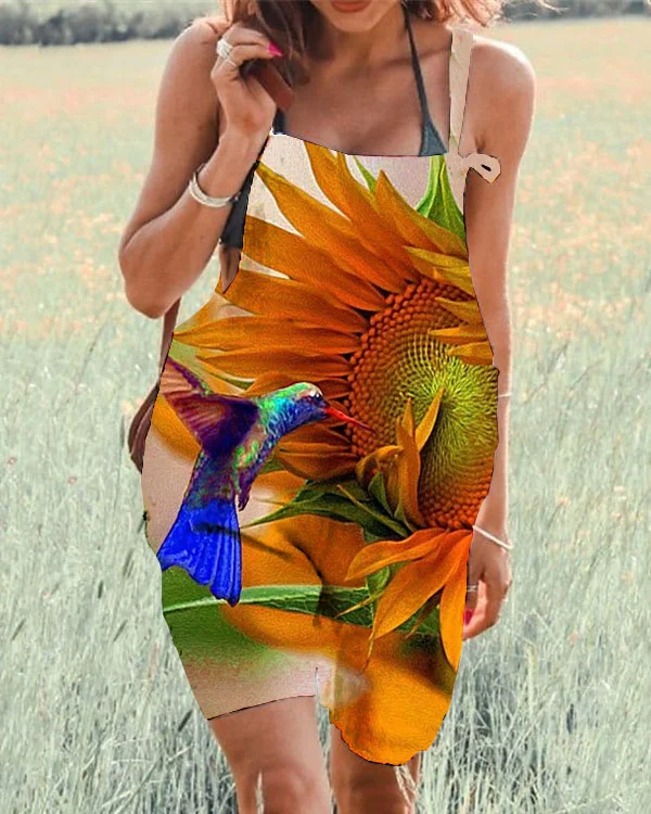 Women's  Hummingbird Flower Print Loose Casual Jumpsuit