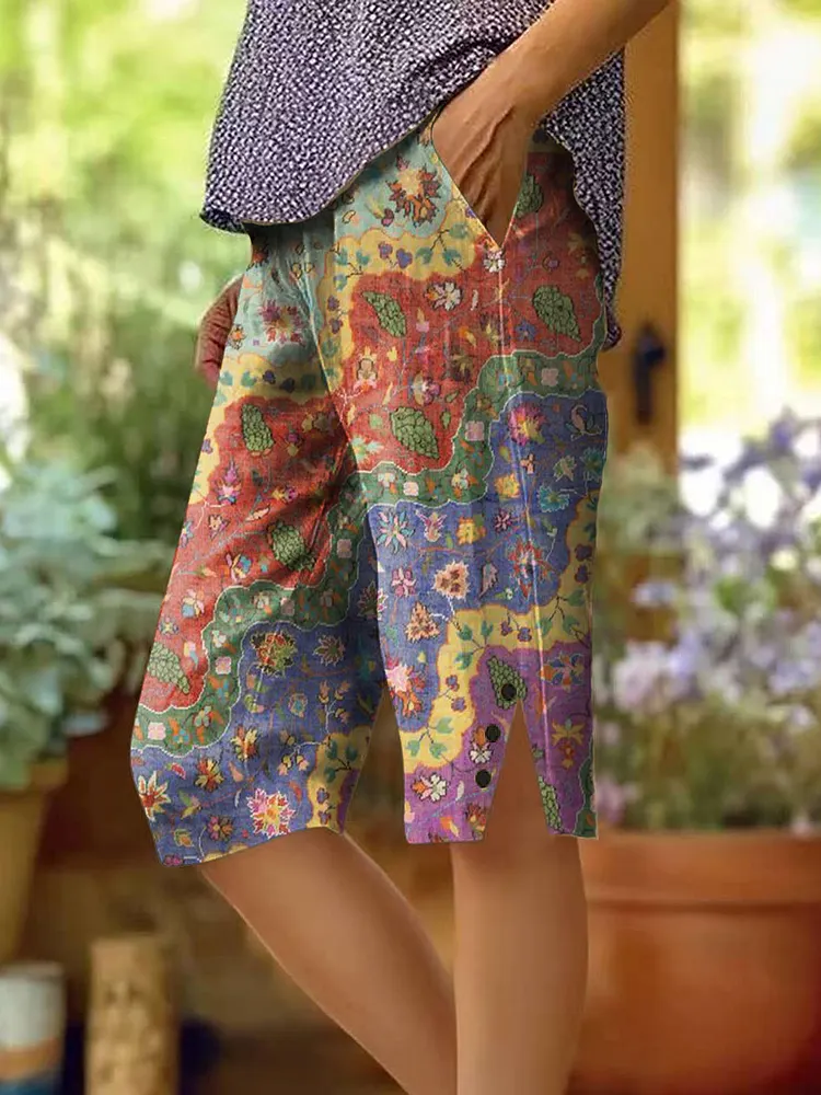 Women's Boho Floral Wave Collage Art Printed Cotton And Linen Casual Pants