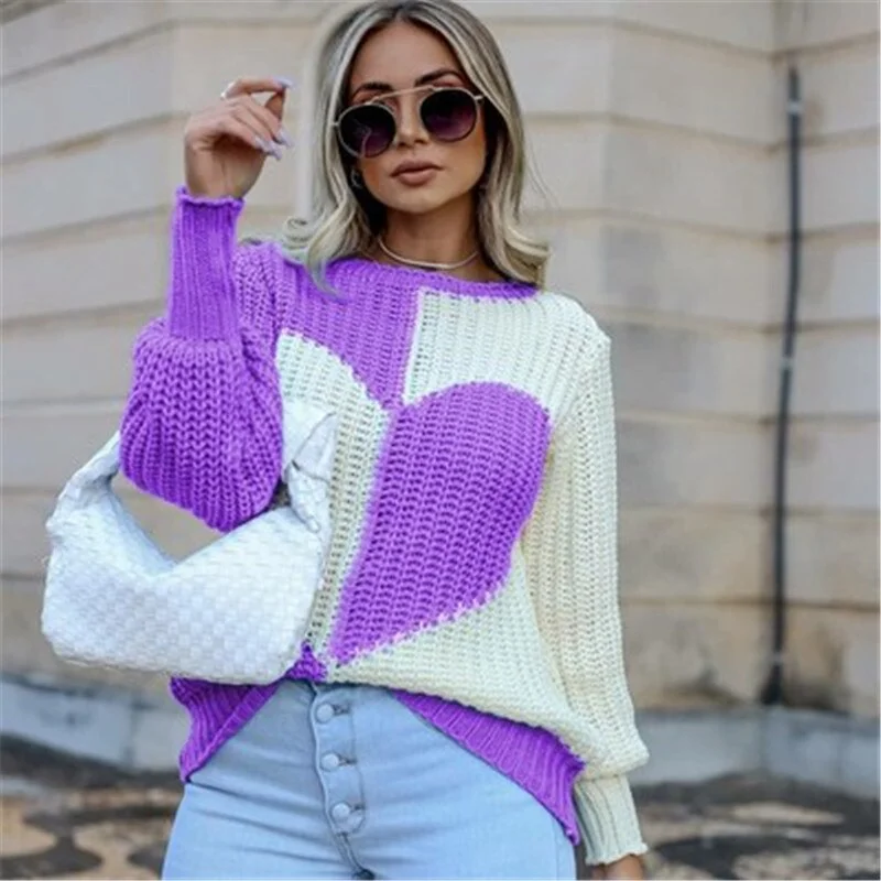 Autumn Winter Ladies Elegant O Neck Love Print Patchwork Knitted Sweaters Fashion Long Sleeve Casual Loose Women Sweater