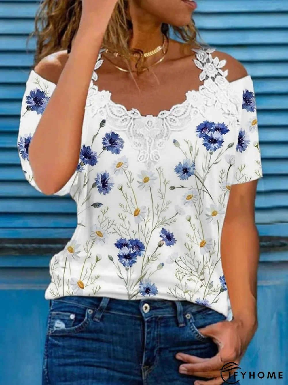 Casual Floral Short Sleeve V Neck Printed Top T-shirt | IFYHOME