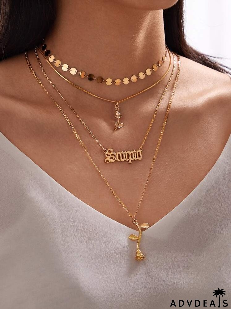 3pcs Rose & Letter Charm Necklace