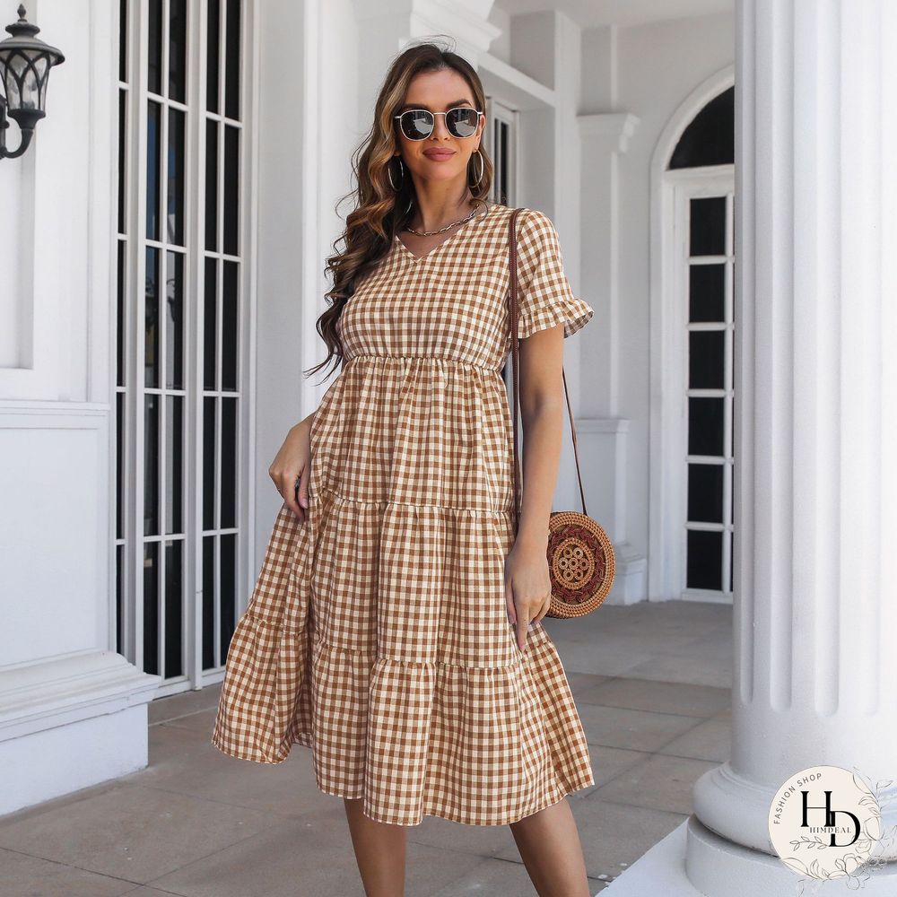 Elegant Fashion Plaid Short Sleeve Dress For Women Dresses New Ruffled V-Neck High Waist Swing A-line Midi Dress