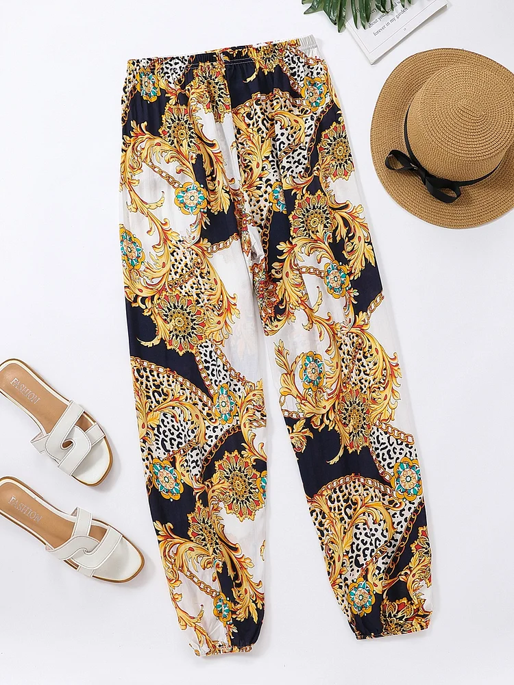 Loose Bohemian Print Pants, Casual High Waist Fashion Comfy Pants, Women's Clothing